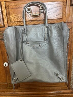 Balenciaga Gray Calfskin Leather Papier A5 Tote with Mirror